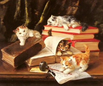 机の上で遊ぶ子猫 アルフレッド・ブルネル・ド・ヌーヴィル Oil Paintings
